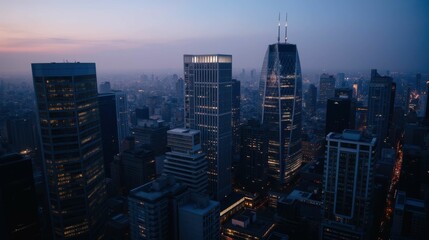 Obraz premium Urban Skyline at Dusk with Towering Buildings and City Lights