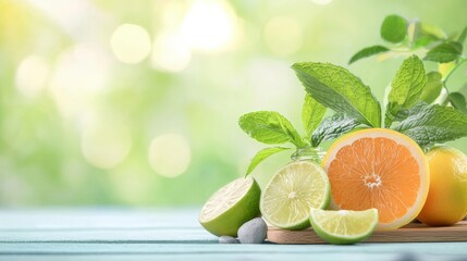 Fresh citrus fruits and mint leaves on a light blue wooden surface, bright green bokeh background.