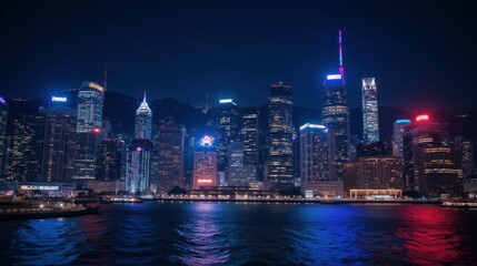 Fototapeta premium Night City Skyline with Reflections Over Water in Urban Setting