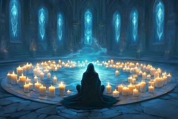 Monk meditating candles gothic cathedral