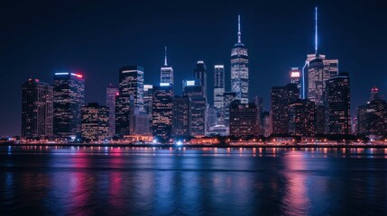 Obraz premium Nighttime Cityscape with Illuminated Buildings Reflecting on Water
