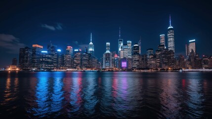 Fototapeta premium Nighttime Cityscape View of Manhattan Skyline with Reflections