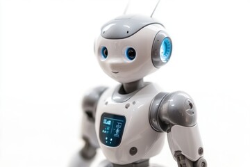 A white robot with bright blue eyes standing on a white surface, suitable for futuristic or technological concepts