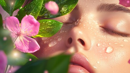 Fototapeta premium Close up of a woman's face adorned with pink blossoms and water droplets, bathed in sunlight.