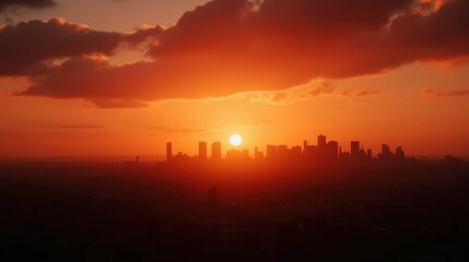 Naklejka premium Stunning Sunset Over City Skyline with Vibrant Orange and Yellow Hues