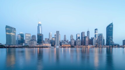 Naklejka premium Urban skyline at dawn with reflections over calm water surface