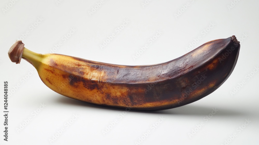 Poster a single ripe banana sitting on a clean white surface, ready for use or display