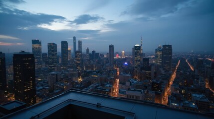 Fototapeta premium Urban city skyline at dusk with buildings and road lights glowing