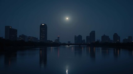 Fototapeta premium Nighttime Cityscape Reflection with Bright Moon Over Water