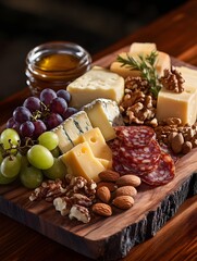 Gourmet Cheese Platter with Assorted Delicacies on Rustic Wooden Board