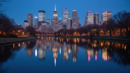 Serene City Skyline Reflected in Calm Water at Dusk