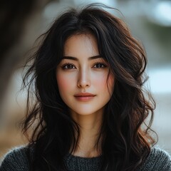 Fototapeta premium Young Woman with Long Dark Wavy Hair