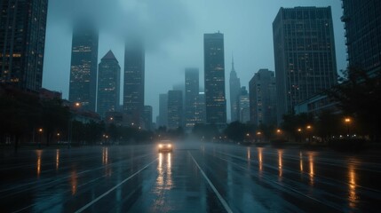 Misty Cityscape at Dusk with Car on Rainy Urban Street