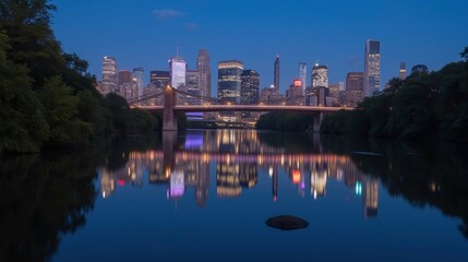 Scenic Night View of City Skyline Reflected in Calm Water