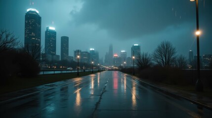Obraz premium Foggy Night Urban Landscape with City Skyline and Reflections