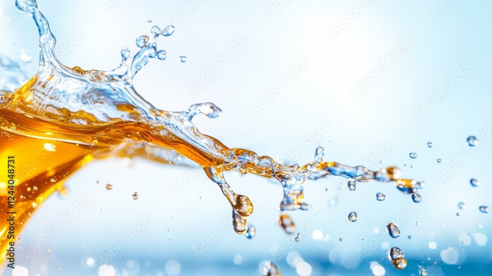 Poster Golden honey splashes into droplets as it collides with a surface, creating vibrant arcs and a striking contrast against a soft blue backdrop. The scene captures the dynamic beauty of flowing liquid.