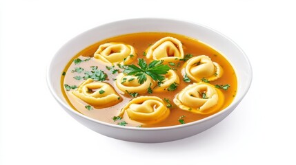 A dish of tortellini in brodo, traditional Italian soup, watercolor illustration, warm beige tones, isolated on white background