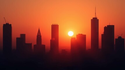 Obraz premium Sunset Over City Skyline with Silhouette of Buildings at Dusk