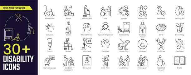 Disability Stroke icon collections. Containing Wheelchair, Ramp, Mobility Aid, Disabled Person, Guide Dog, and more icons. Editable Stroke icon collection Outline icon