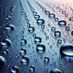 This image displays a close-up shot of water droplets on a sleek surface that fades from light blue at the top to dark blue at the bottom
