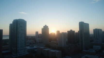 Obraz premium Sunrise Over Urban Skyline with Silhouetted Buildings and Colors