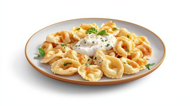 A plate of cappelletti with cream sauce, elegant and simple, hyper-detailed digital art, soft white and golden tones, isolated on white background