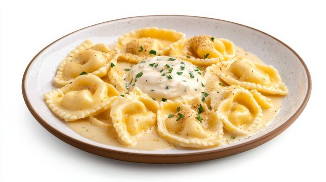 A plate of cappelletti with cream sauce, elegant and simple, hyper-detailed digital art, soft white and golden tones, isolated on white background
