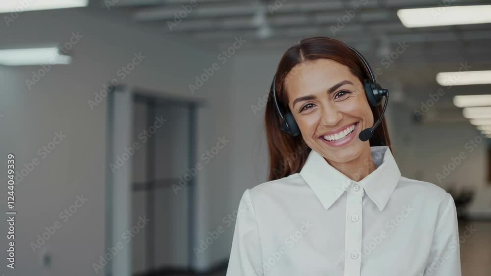 Poster friendly customer service representative wearing a headset smiles warmly, providing excellent suppor