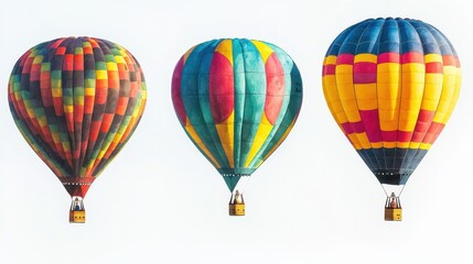 Obraz premium Three vibrant hot air balloons float gracefully against a clear sky, showcasing a mix of colors and patterns.