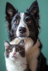 Fototapeta premium Adorable dog and cat duo with striking eyes sharing a close moment against a vibrant background, showcasing unique fur patterns and expressive features