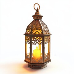 Moroccan lantern with a candle, isolated on a white background