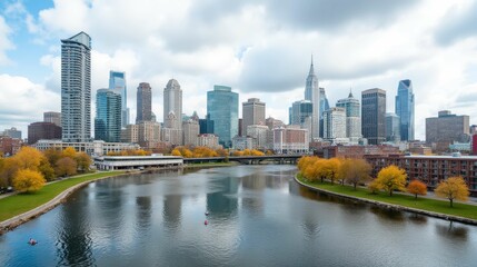 Obraz premium Scenic City Skyline with River and Autumn Trees in Philadelphia