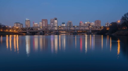 Fototapeta premium City skyline at dusk with illuminated bridge and water reflections