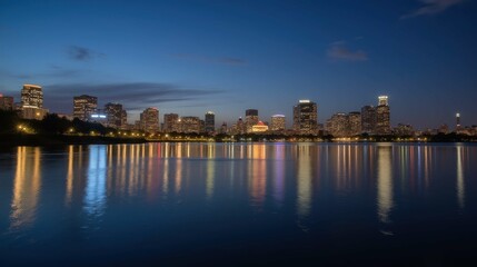 Fototapeta premium Vibrant City Skyline Reflected in Calm Water During Twilight Hour