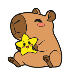 Cute cartoon capybara hugs a cute star color variation on white background