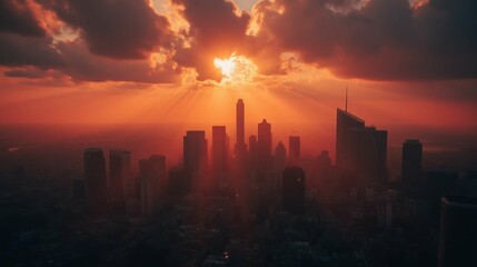 Sunset Over City Skyline with Dramatic Clouds and Light Rays