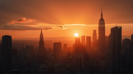 Obraz premium Majestic Sunset Over City Skyline with Towering Structures