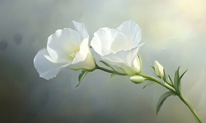 Obraz premium Two white flowers, stem, buds, soft background, nature, serenity, card design