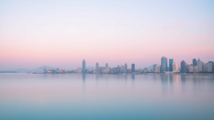 Obraz premium Serene Cityscape at Dawn with Soft Pastel Sky and Reflective Water