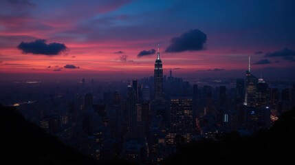 Fototapeta premium Stunning City Skyline at Dusk with Vibrant Colorful Clouds