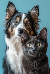 Obraz premium Adorable dog and cat portrait against a blue background showcasing their unique expressions and companionship, ideal for pet lovers and animal enthusiasts