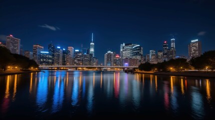 Fototapeta premium Serene Night Cityscape Reflection Over Calm Water Body in Urban Setting
