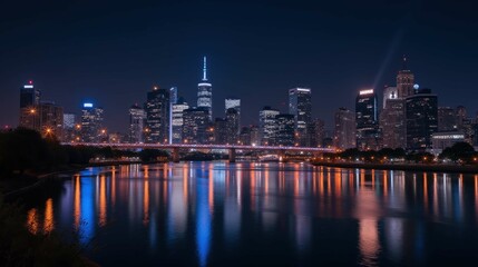 Fototapeta premium Nighttime City Skyline with Reflections on Calm River Surface
