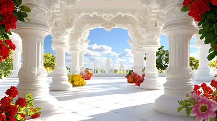 Serene White Pillars Surrounded by Colorful Flowers and Blue Sky