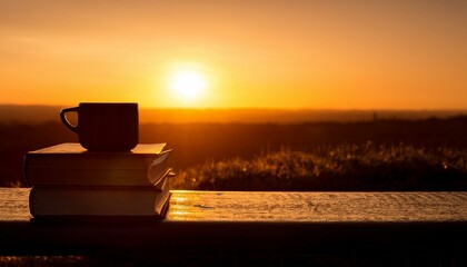 한적한 벤치 위에 놓인 책과 머그잔의 실루엣