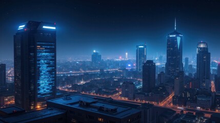 Night Skyline of a Modern City with Bright Lights and Clouds