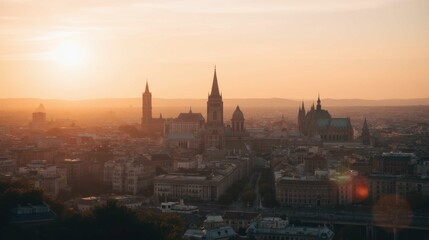Fototapeta premium Stunning Cityscape at Sunset Over Historic Buildings and Landmarks