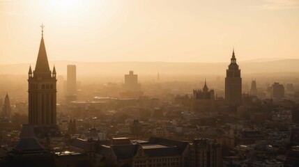 Obraz premium Breathtaking Cityscape at Sunset with Silhouetted Buildings