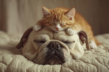 Adorable Dog and Cat Sleeping Together in Perfect Harmony on Soft Bedding, Capturing the Essence of Peaceful Animal Friendship and Companionship