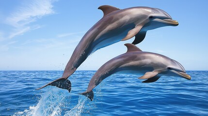 Two dolphins leap gracefully above the ocean surface, showcasing their agility and playfulness in a vibrant blue sea.